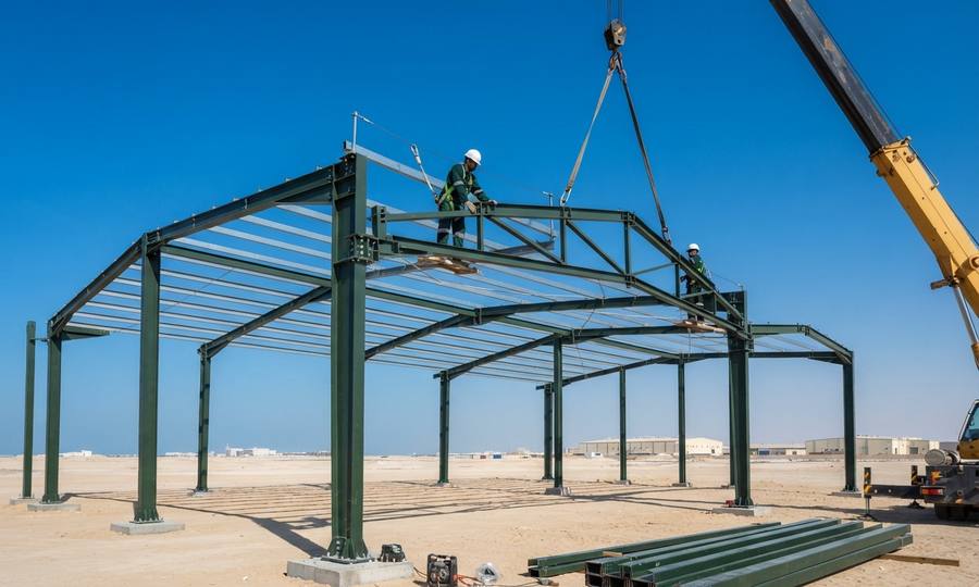 Steel portal frames being erected on an industrial workshop site in Doha.