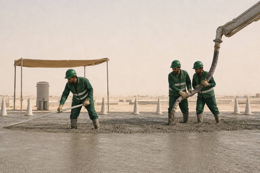 A concrete pour in progress on a Doha site, the crew screeding and vibrating the placement.