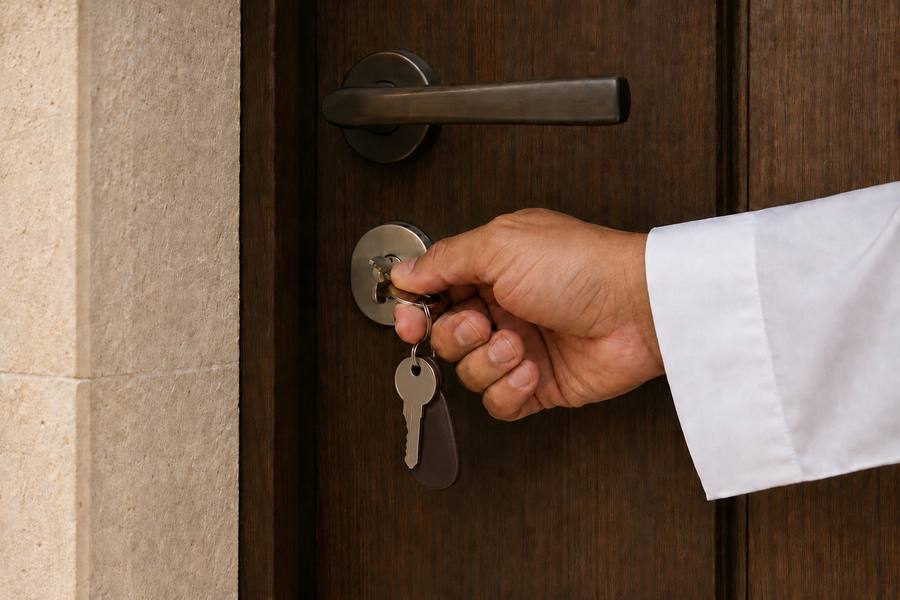 Keys handed over to a client in a completed building on handover day.
