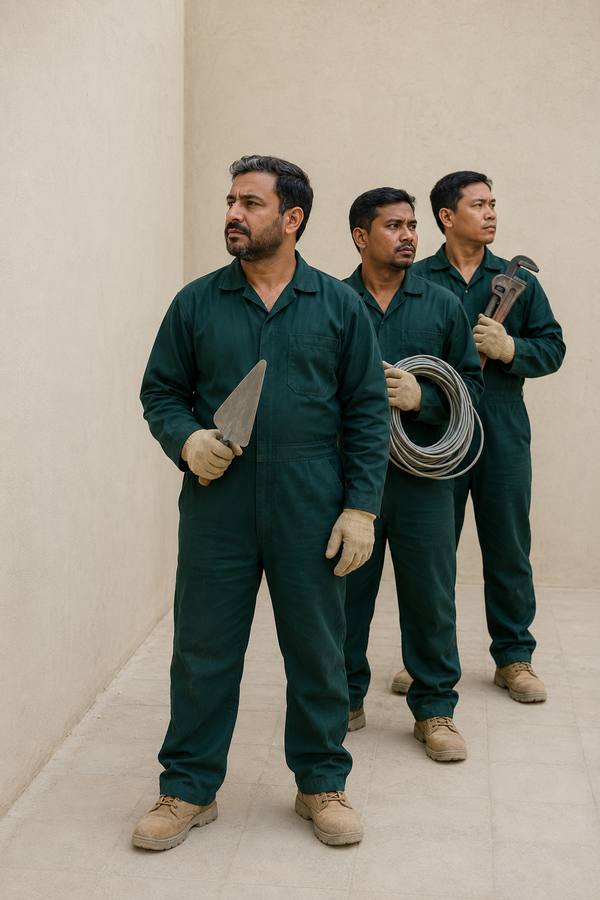 A line-up of tradesmen in work wear and hard hats outside a Doha site office.