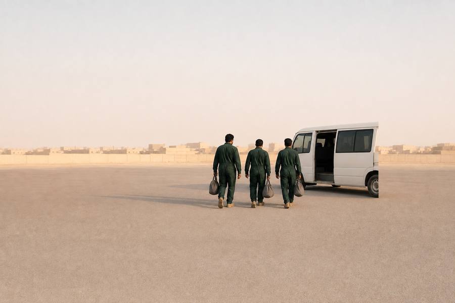 A crew boarding the company bus at the start of a shift in Doha.