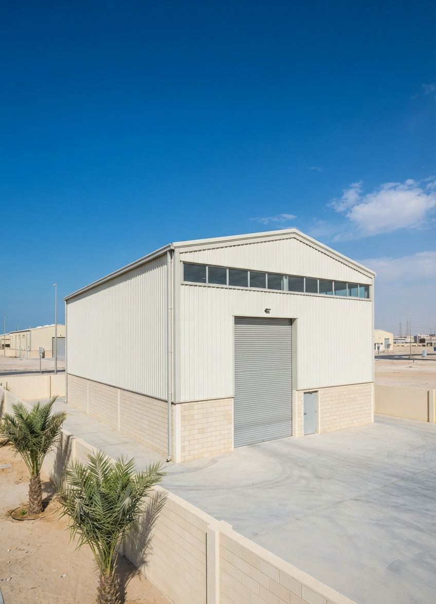A completed steel-framed industrial workshop building on handover day in an industrial area of Doha.