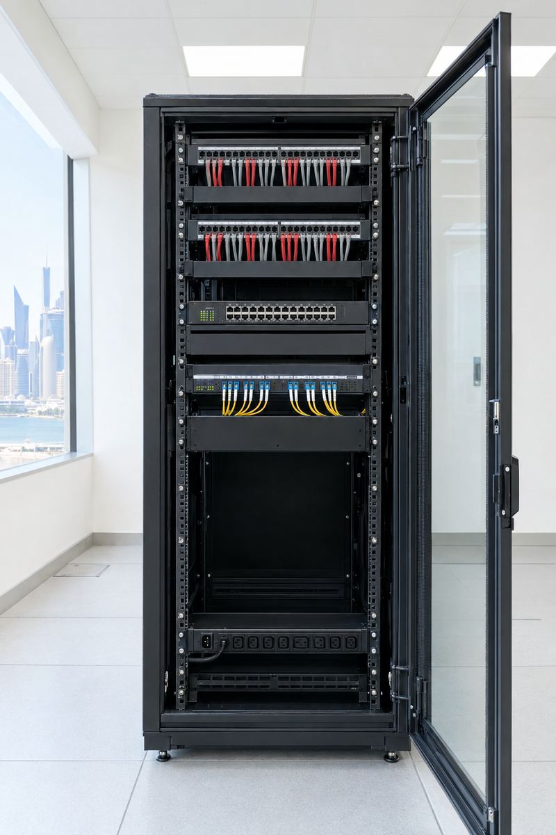 A newly installed network cabinet with patch panels, a managed switch and dressed patch leads in a Doha communications room.