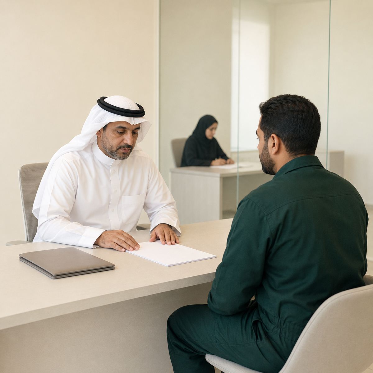 A client and a coordinator going through documentation across a desk in a bright Doha office.