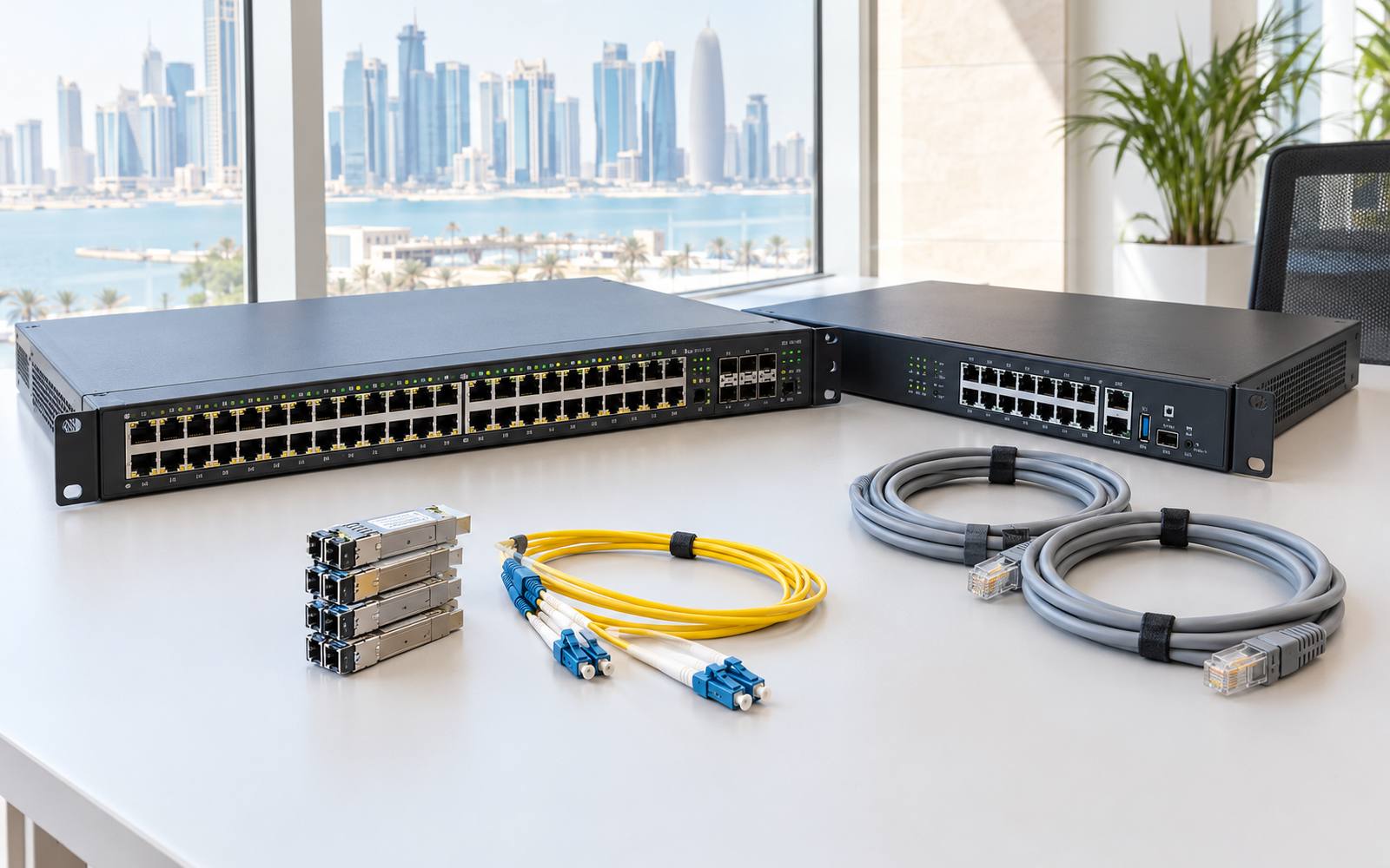 Managed switches, a router, SFP modules and fibre patch leads on a desk in a Doha office, the West Bay skyline through the window.