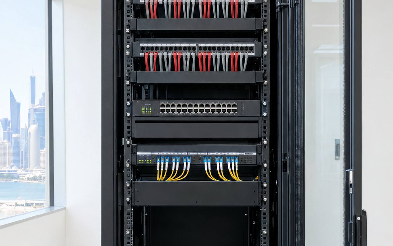 A newly installed network cabinet: patch panels, a managed switch, a fibre enclosure and dressed patch leads.