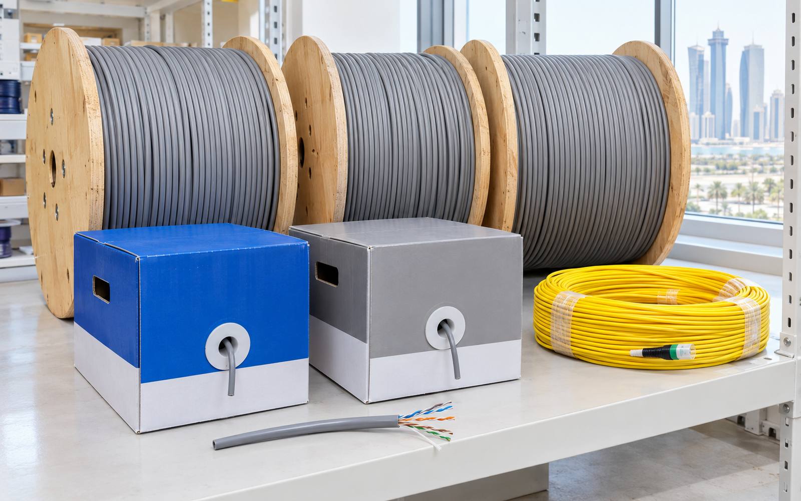 Drums of Cat6A copper, boxed LAN cable and a coil of single-mode fibre on a warehouse shelf.