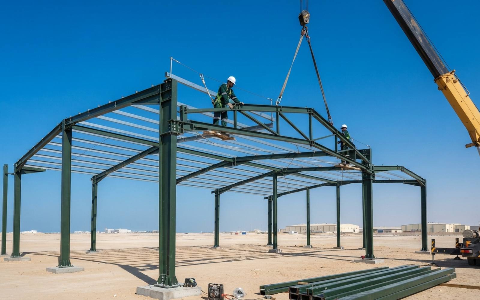 Steel portal frames being erected on an industrial workshop site in Doha.