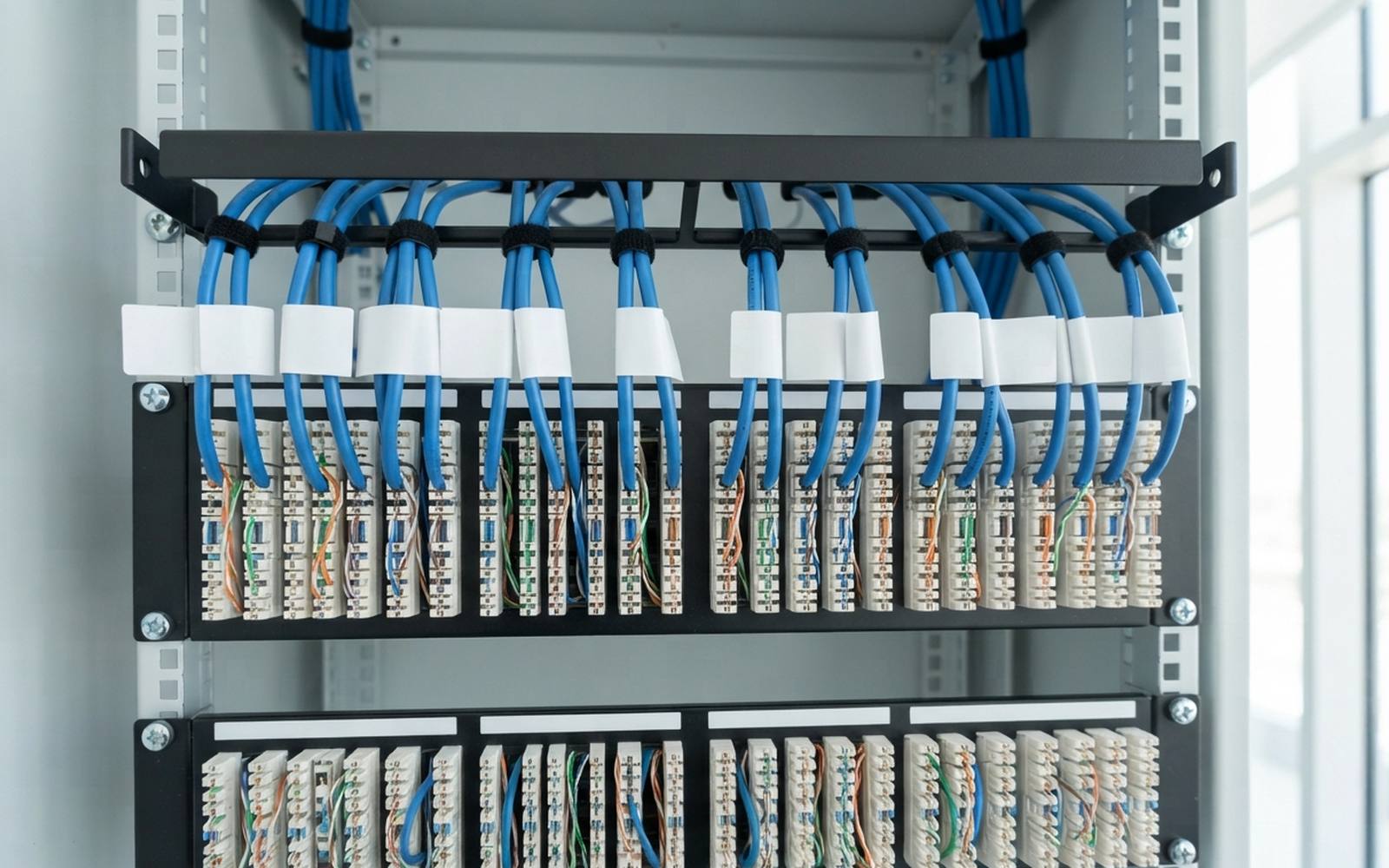 The rear of a fully terminated 24-port patch panel in an open cabinet, every pair dressed and labelled.