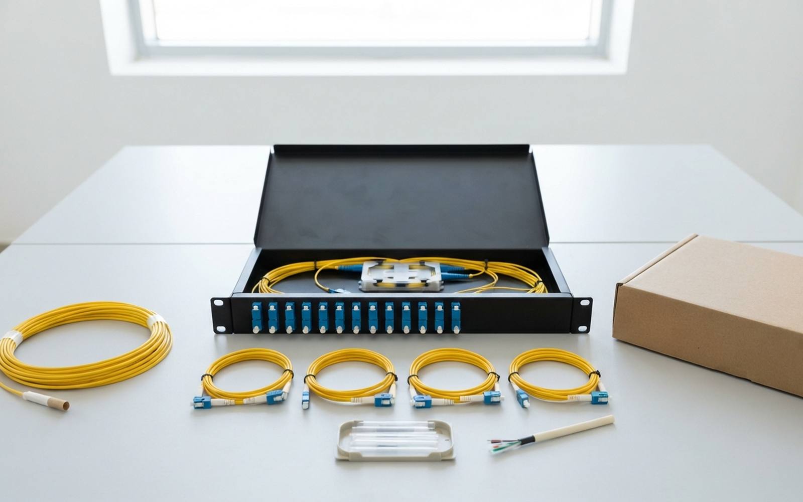 A fibre patch enclosure with LC couplers, pigtails, four LC patch leads and a coil of single-mode cable on a work table.