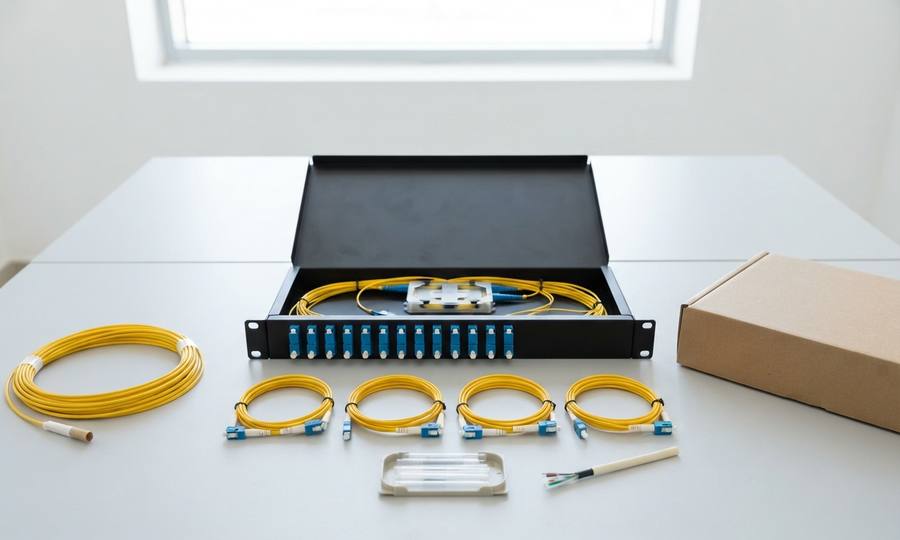 A fibre patch enclosure with LC couplers, pigtails, four LC patch leads and a coil of single-mode cable on a work table.