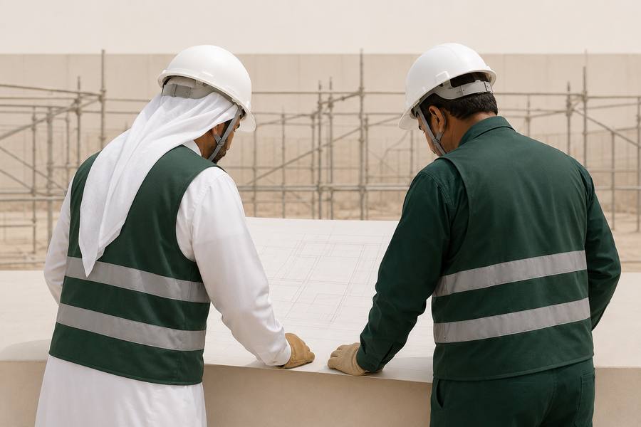 Two engineers going through issued drawings together on a site office table.