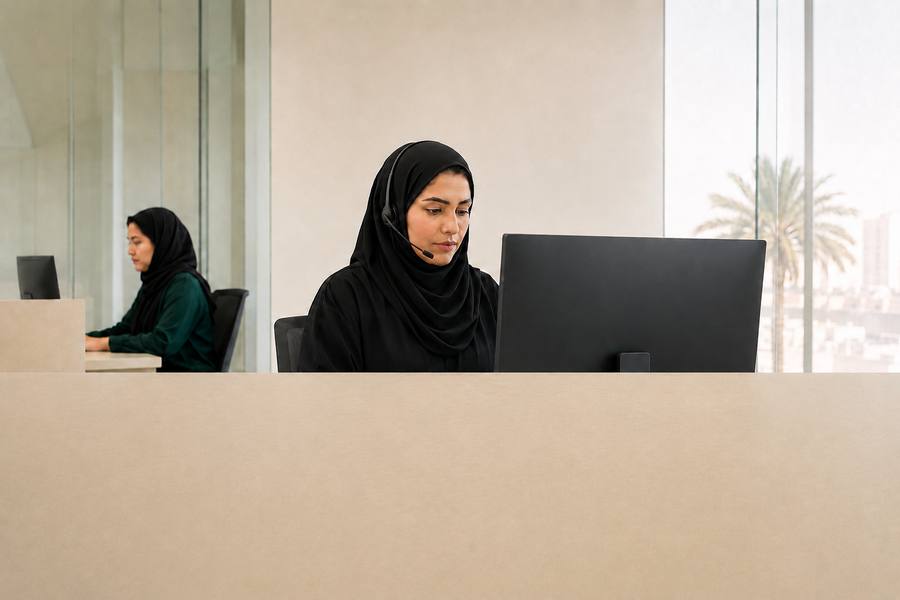 A coordinator at a support desk working through a client file on the telephone.