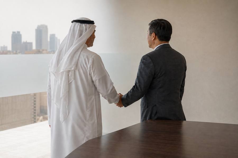 Two parties shaking hands across a meeting table in a Doha office after signing.
